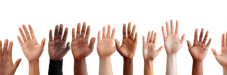 Diverse hands raised in the air against a black background