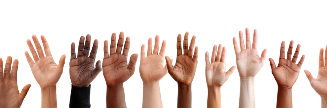 Diverse hands raised in the air against a black background