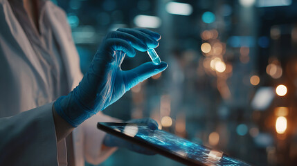 A person is holding a tablet with a blue pill on it