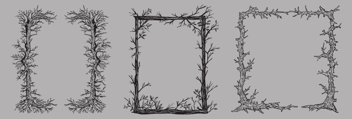 Hand-drawn tree branch frame set with roots and twigs. Rustic forest-themed borders perfect for fantasy designs, nature illustrations, invitations, tattoo art, and gothic woodland aesthetics. © bhumpayak