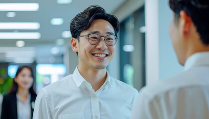 Two businessman greet and converse, exuding positivity in a well-lit office hallway with other people in background