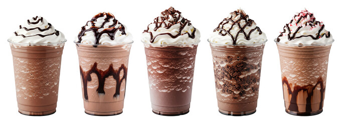 chocolate frappes topped with whipped cream and glossy syrup