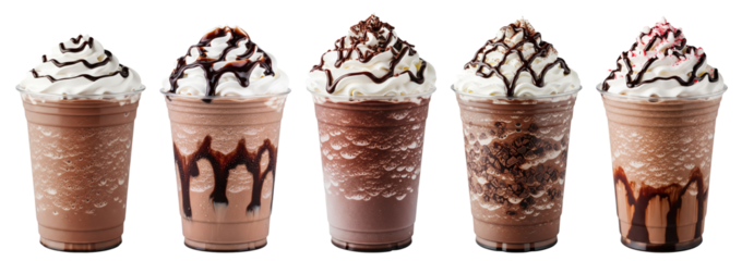 chocolate frappes topped with whipped cream and glossy syrup