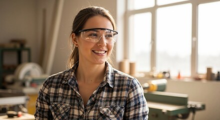 Smiling female carpenter wearing safety glasses in a woodworking workshop. Portrait of a happy young craftswoman at work