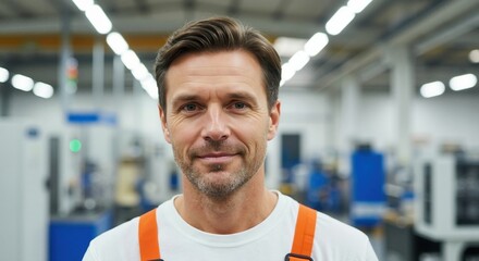 Portrait of a confident male worker in a factory. Smiling middle-aged industrial employee in overalls looking at the camera in a modern manufacturing plant