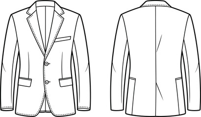 Men blazer, suit jacket, tailored coat, fashion flat sketch, technical drawing, apparel,clothing template, tailoring illustration, front back view, vector fashion