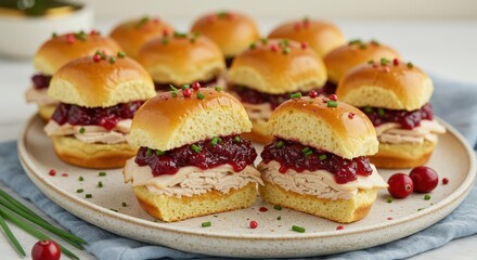 Festive turkey and cranberry sauce sliders on brioche buns, garnished with chives and pink peppercorns for a holiday appetizer.
