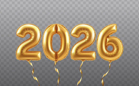 3d realistic vector illustration. Numbers 2026 New Year, golden balloons. Isolated on transparent background.