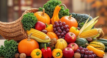 A cornucopia filled with a variety of fruits and vegetables, including pumpkins, apples, grapes, and corn, arranged on a wooden table with a blurred background of autumn leaves.