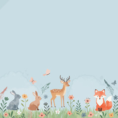 Fototapeta premium A charming watercolor illustration of woodland creatures including a deer, fox, and rabbits amidst a field of wildflowers and butterflies.