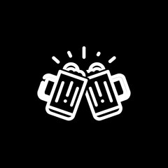 Two white beer mugs clinking, creating a celebratory, animated illustration on black