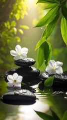 Zen stones and white flowers on water, sunlight through leaves