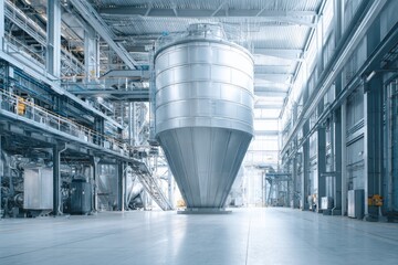 Industrial farm agricultural silos for storage and drying of grains, wheat, corn, soy, sunflower with sunlight. Large metal grain tanks and processing equipment in modern facility. Agriculture, food.