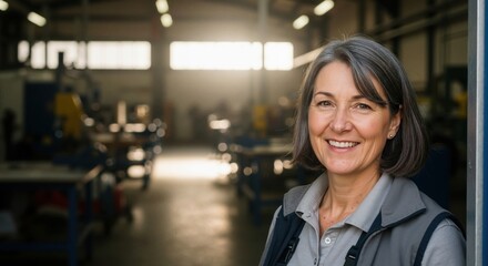 Obraz premium Portrait of a confident middle-aged woman worker smiling in a factory. Mature female business owner standing in her industrial workshop with copy space
