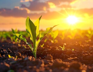 Young plant illuminated by the setting sun, soft focus field