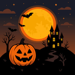 Halloween Night with Pumpkin and Haunted House Vector Illustration