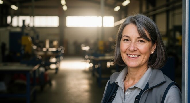 Portrait of a confident middle-aged woman worker smiling in a factory. Mature female business owner standing in her industrial workshop with copy space