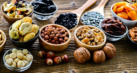 Composition with a variety of dried fruits and assorted nuts.