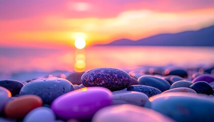 Sunset casts warm hues on a pebble-strewn beach