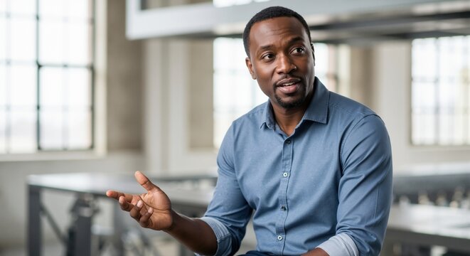 Professional African American man speaking during a business conversation in a modern office. Articulate African American entrepreneur explaining an idea with a hand gesture