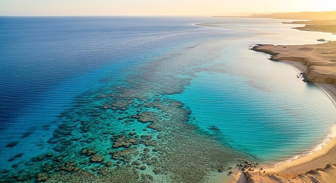 Coastal view turquoise sea meets rocky desert, sunset