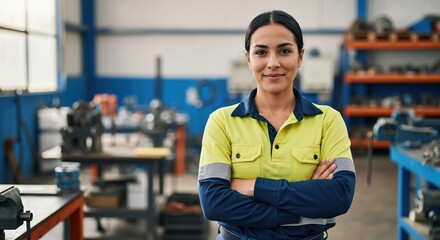 Portrait of a confident female industrial worker with arms crossed in a factory. Professional woman engineer or technician smiling in a workshop environment