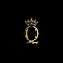 A golden initial "Q" is crowned and set against a black background. The design conveys royalty