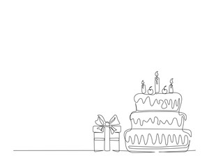 Fototapeta premium Continuous one line drawing of birthday cake with present box and ballloons. Birthday cake with candles outine vector illustration. Celebration, party, happy, celebrate, anniversary concept.