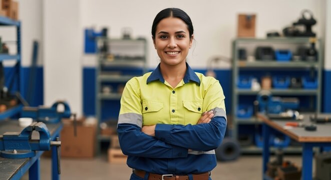 Confident hispanic female worker smiling in a factory. Professional industrial mechanic with arms crossed in a workshop