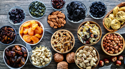 Composition with a variety of dried fruits and assorted nuts.
