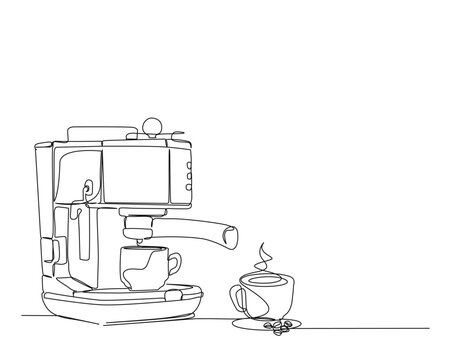 Continuous one line drawing of coffee maker machine with moca pot and cup of coffee. Coffee maker and moca pot  line art vector illustration. Editable stroke.