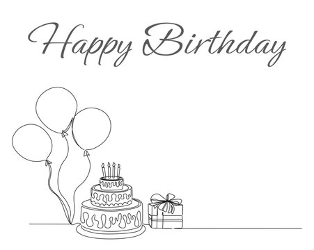 Continuous one line drawing of birthday cake with present box and ballloons. Birthday cake with candles outine vector illustration. Celebration, party, happy, celebrate, anniversary concept.