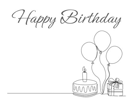 Continuous one line drawing of birthday cake with present box and ballloons. Birthday cake with candles outine vector illustration. Celebration, party, happy, celebrate, anniversary concept.