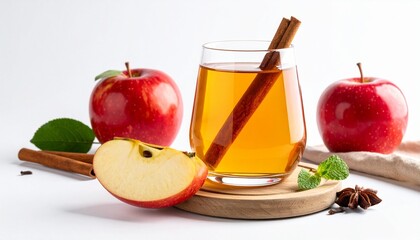 Apple Juice with Cinnamon Stick Surrounded by Fresh Apples and Star Anise on White Background Symbolizing Autumn Refreshment Seasonal Flavor and Editorial Beverage Styling for Lifestyle and Festive Us