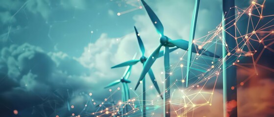 Wind turbines with digital energy network and blue technology lines