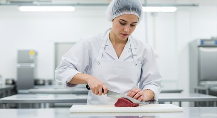 Professional female butcher cutting a piece of raw red meat on a cutting board. Food industry worker in a sterile uniform preparing beef in a commercial kitchen