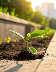 Young plant growing out of dark soil, in a sunlit urban garden