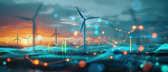 Wind turbines with digital energy network and blue technology lines