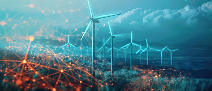 Wind turbines with digital energy network and blue technology lines