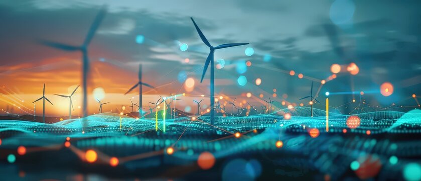 Wind turbines with digital energy network and blue technology lines