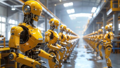 Robots standing in a row in a factory, showcasing advanced technology and industry