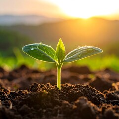 Young sprout emerges from rich soil, bathed in warm, golden sunset