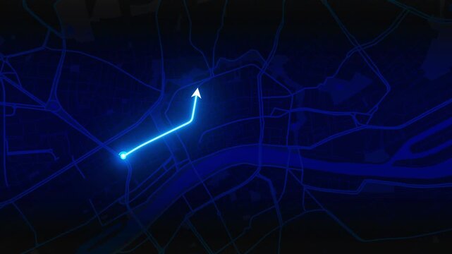 Blue animated GPS map of Frankfurt city in 4K resolution. Ideal for travel videos, geolocation graphics, tourism content, presentations and motion design.