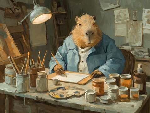 Capybara artist painting self-portrait creative illustration