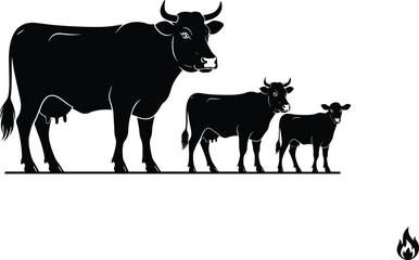 Cow, Calf, Cattle, Livestock, Farm, Animal, Agriculture, Ranch, Herd, Silhouette, Outline, Grazing, Beef, Dairy, Pasture, Rustic, Symbol, Vector, Illustration, Design