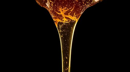 Obraz premium Smooth golden honey dripping slowly, dramatic close-up, black background, studio light.