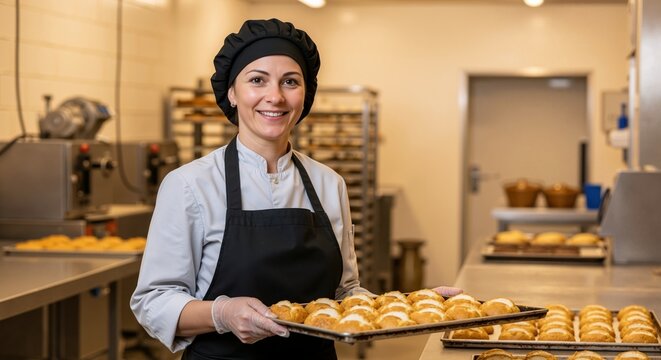 Smiling professional female baker holding a tray of fresh pastries. Happy woman chef in uniform working in a commercial bakery kitchen