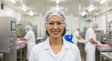 Confident female factory worker smiling at the camera. Portrait of an Asian industrial employee in protective gear at a food production facility