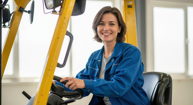 Smiling female worker operating a forklift in a warehouse. Confident young woman in blue coveralls driving industrial machinery