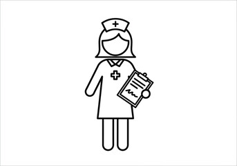 Simple hand drawn outline illustration of a nurse holding a stethoscope and medical chart